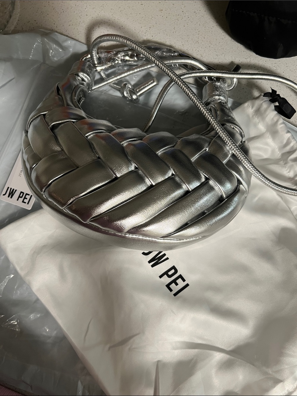 JW PEI Metallic Silver Woven Crescent Shoulder Bag